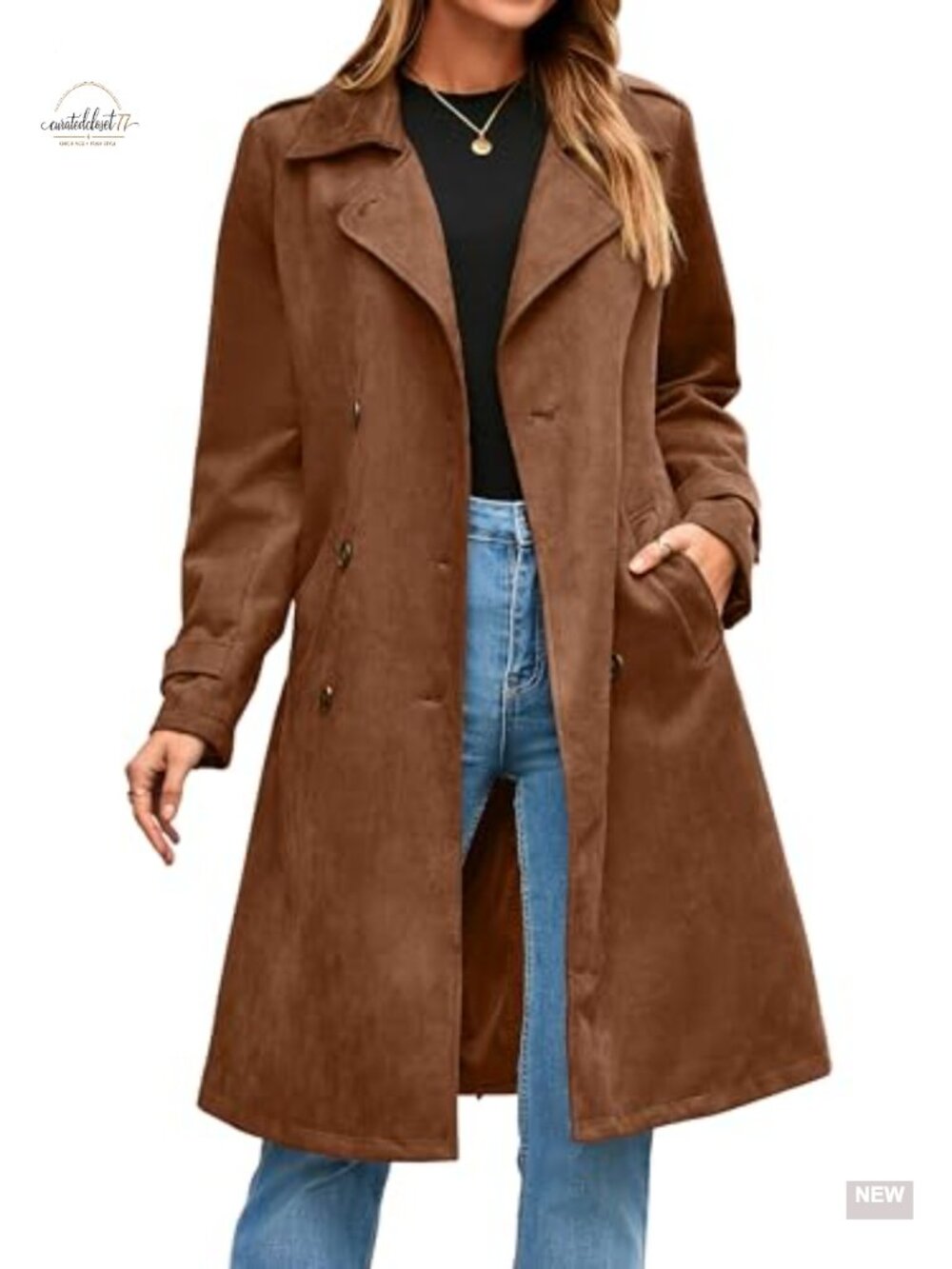 Faux Suede Trench Coat Double Breasted Belted Long Work Office Overcoat